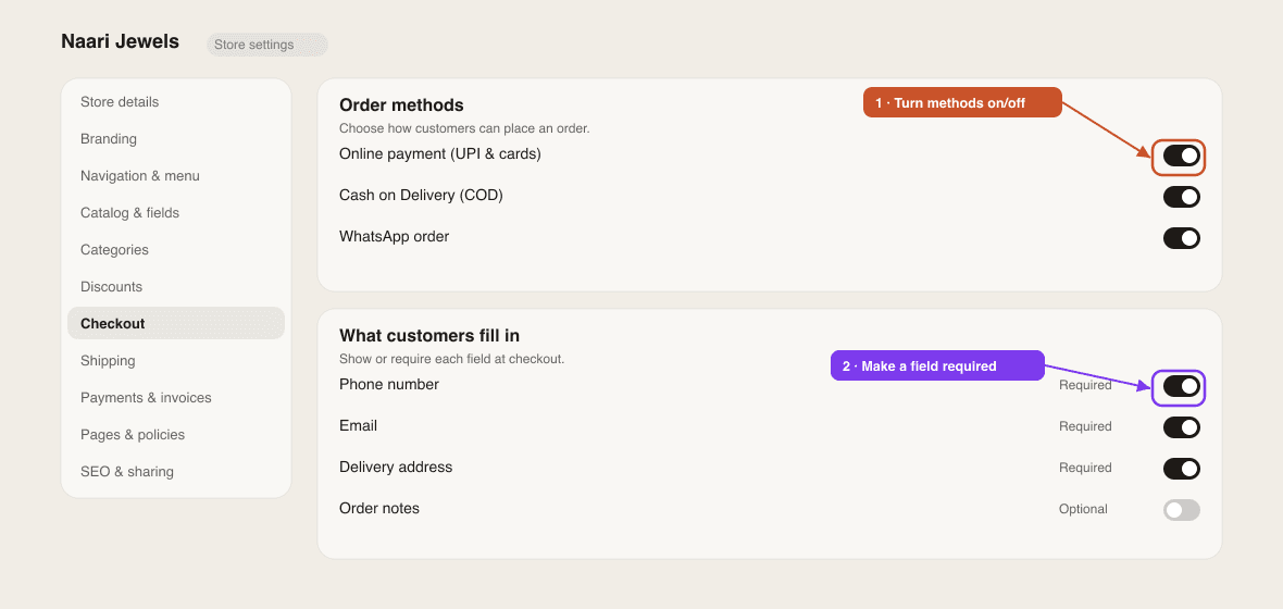 Checkout settings showing the WhatsApp, COD and UPI order-method toggles
