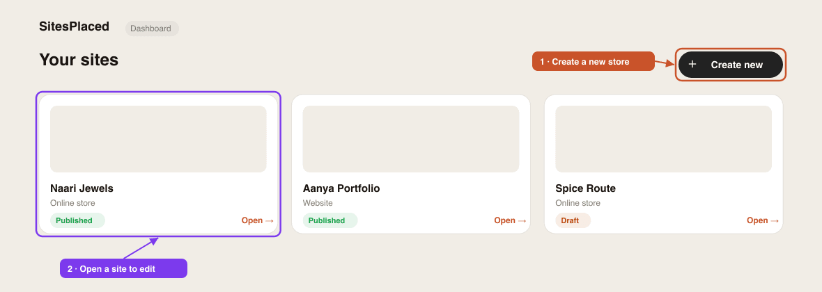 The store dashboard showing the Home, Orders, Products, Messages, Design and Settings tabs