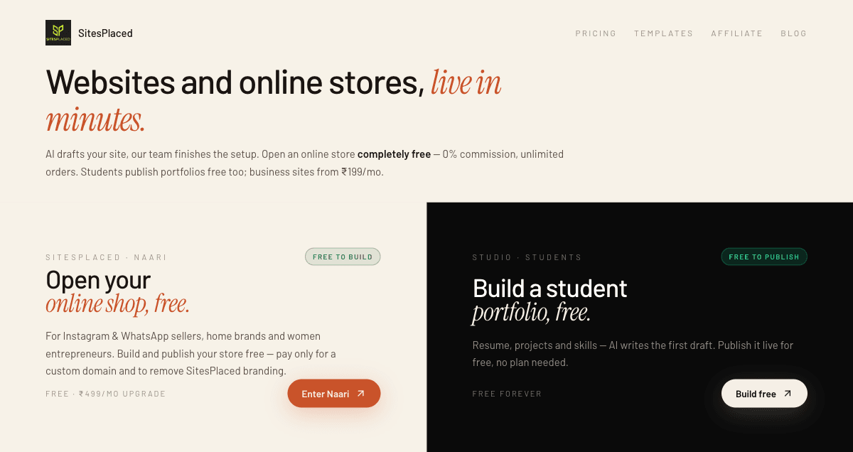 A freshly created SitesPlaced site open in the editor