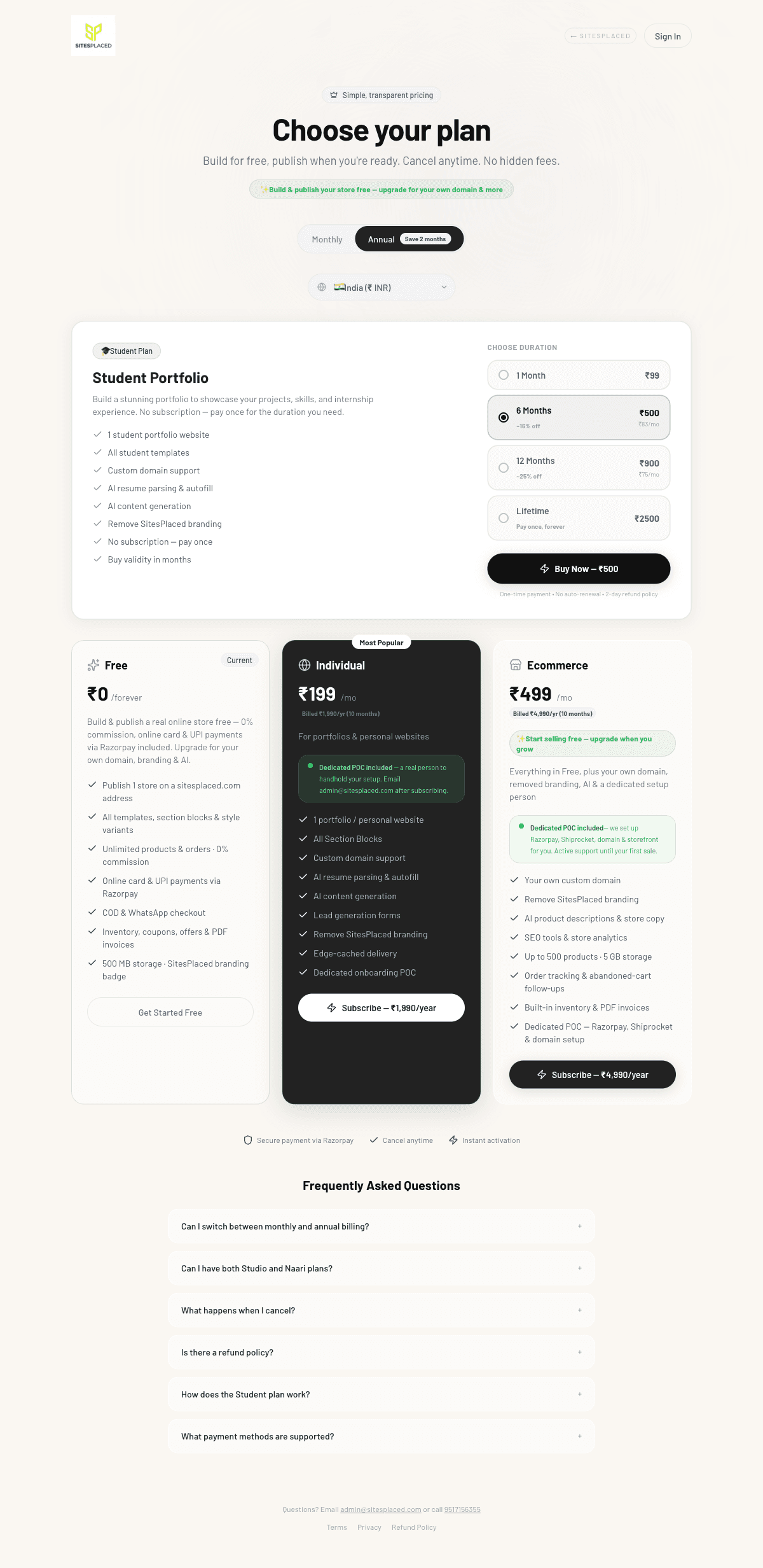 The SitesPlaced pricing page showing the free plan alongside premium extras