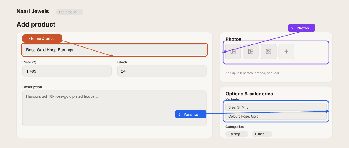The Add product form showing name, price, photos and variants