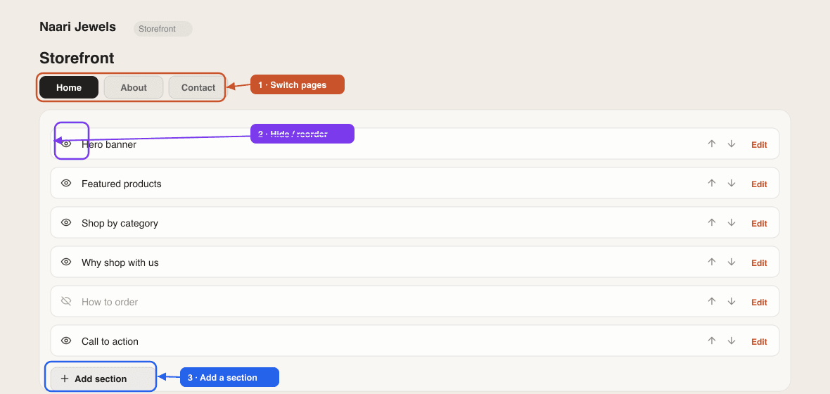 The Design tab with section controls for edit, hide, reorder and add