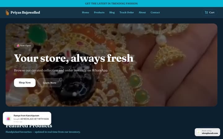 Priyas Bejewelled — a live store built and published on SitesPlaced