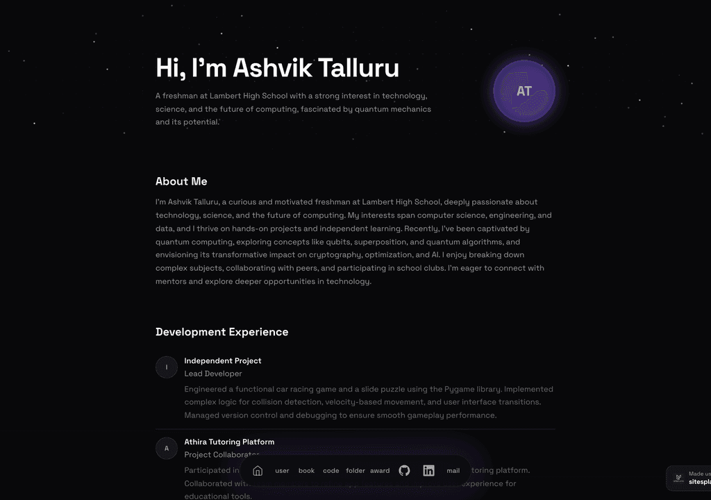 Ashvik Talluru — a real cs student built and published on SitesPlaced