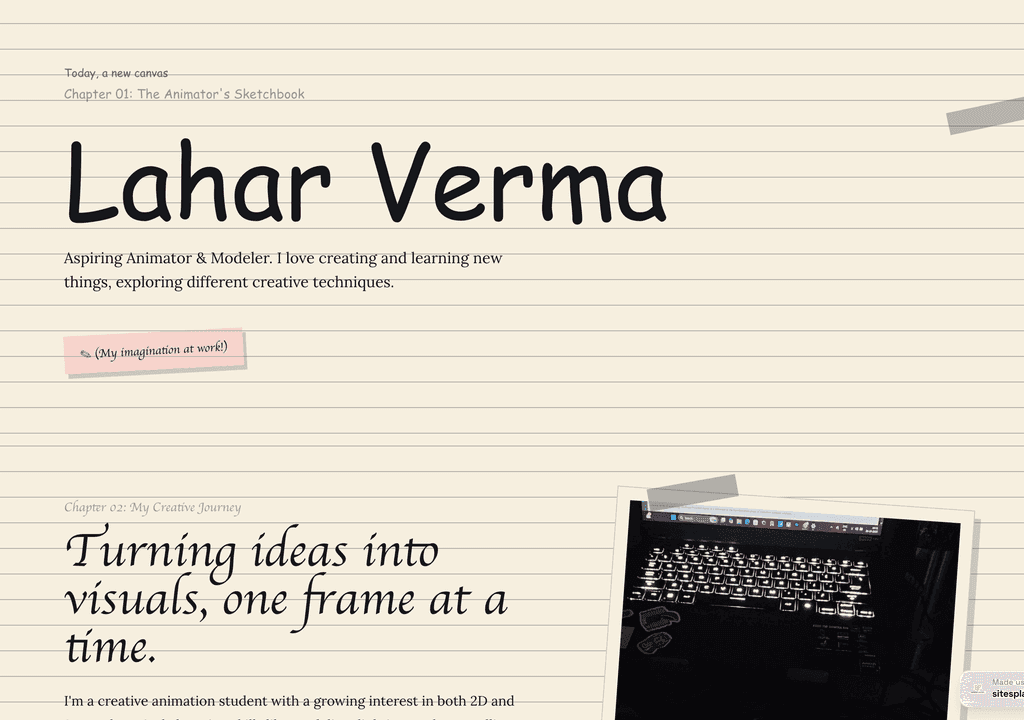 Lahar Verma — a real animation student built and published on SitesPlaced
