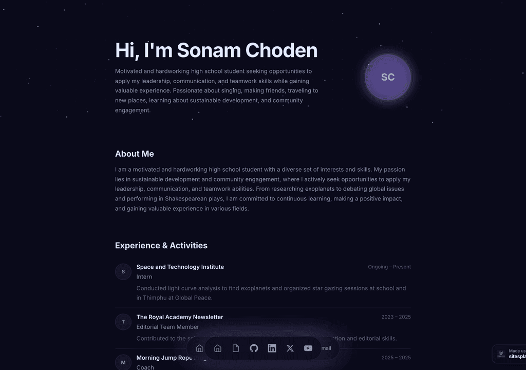 Sonam Choden — a real student portfolio built and published on SitesPlaced