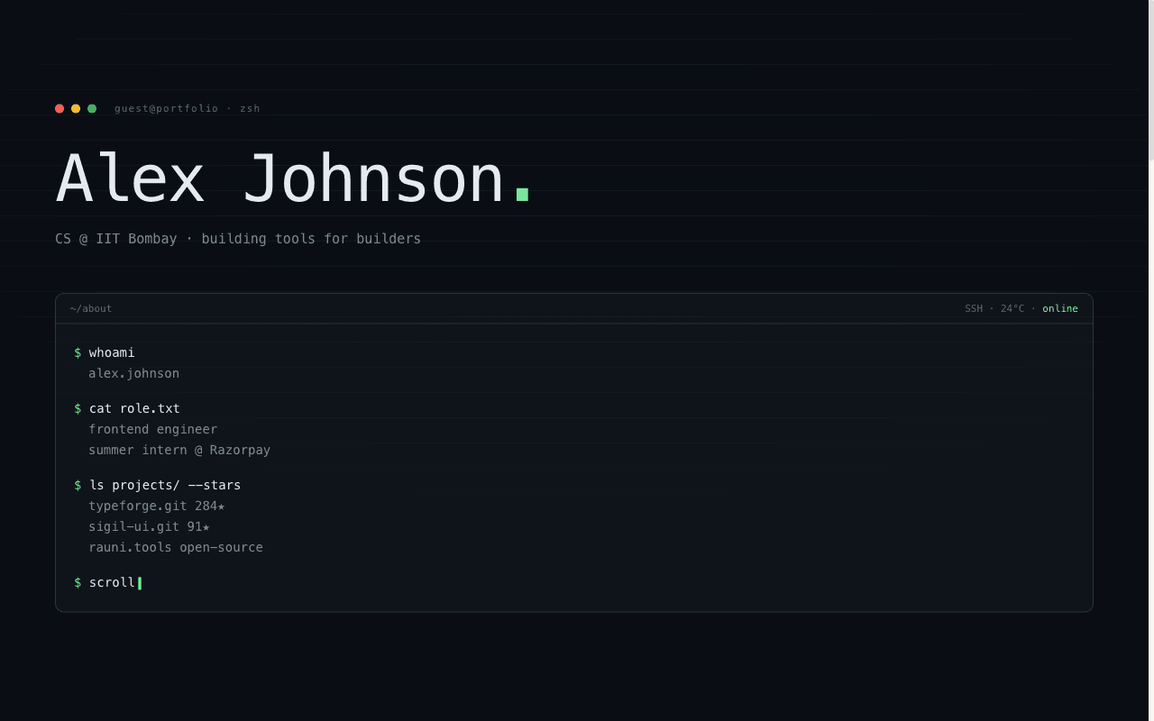 Preview of the Terminal Portfolio template, designed for student portfolio website websites