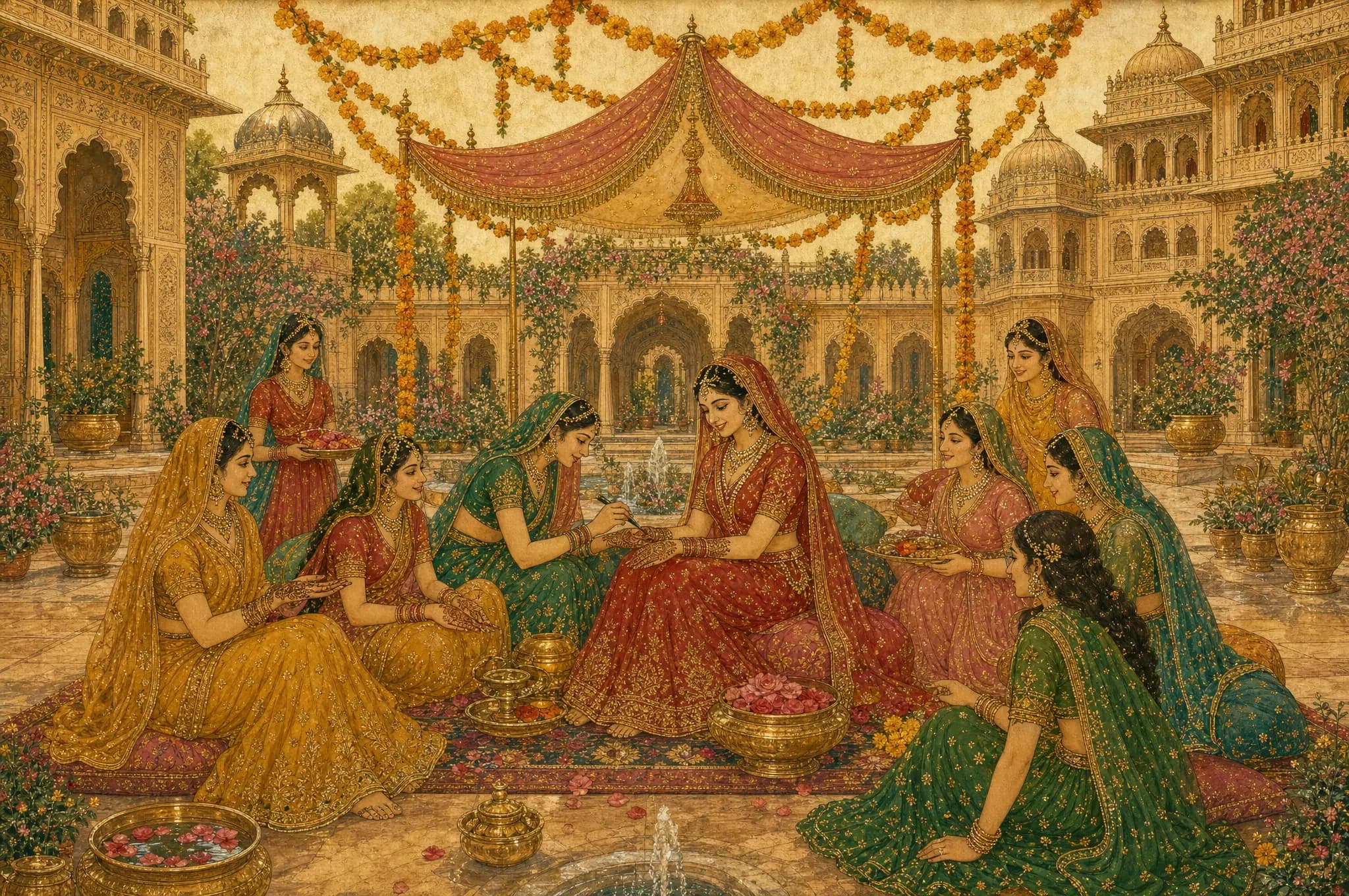 Painted mehndi courtyard scene from a wedding invitation website