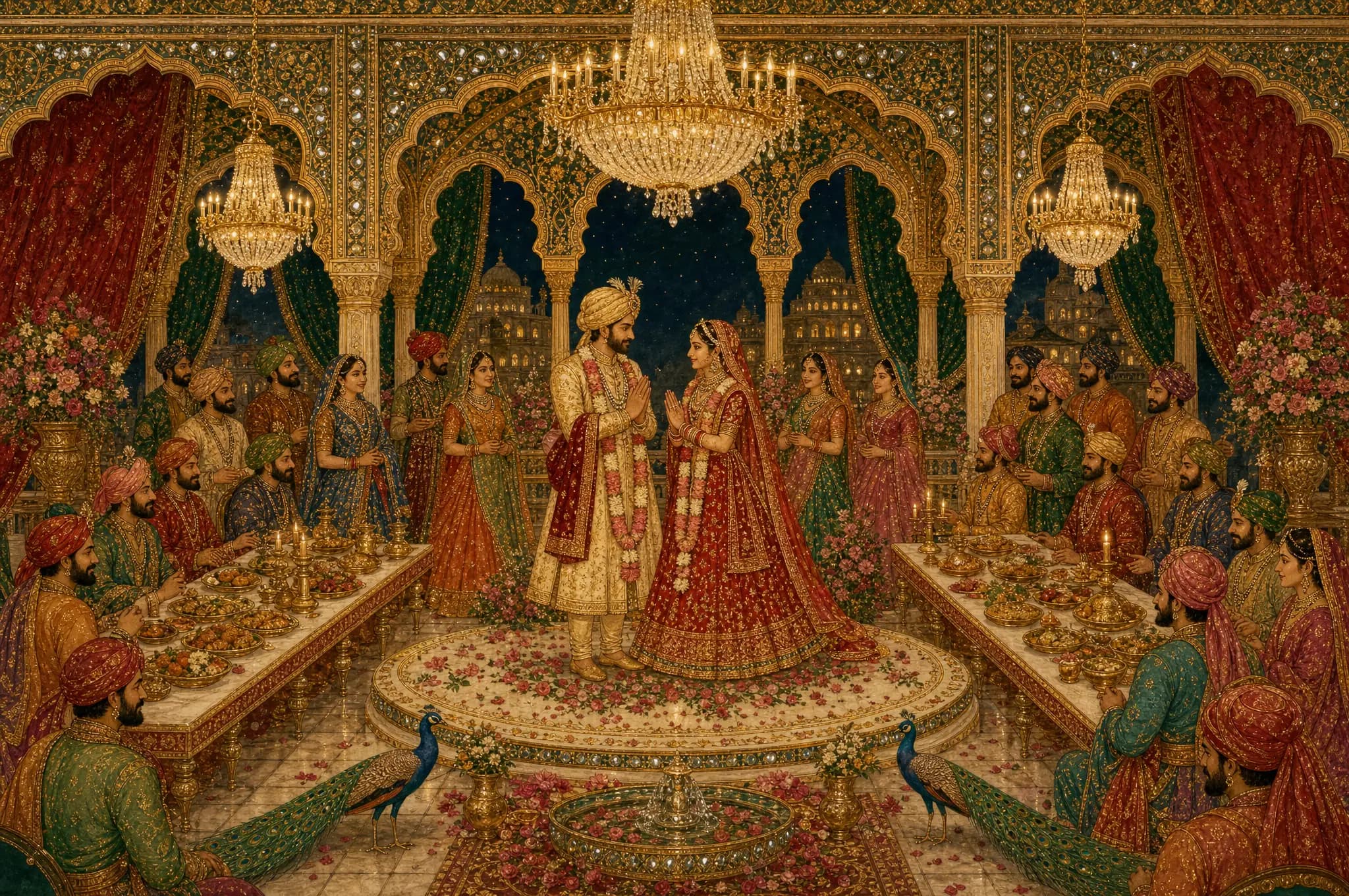 Painted reception durbar scene from a wedding invitation website