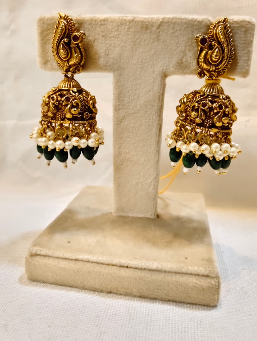 Velloras Antique Jhumka Earrings | Royal Peacock Pearl Drop | Traditional/Temple Style