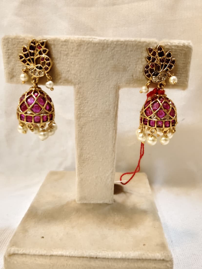Vellora Jewels Antique Jhumka Earrings | Ruby Peacock Studded Jhumka | Traditional/Temple Style