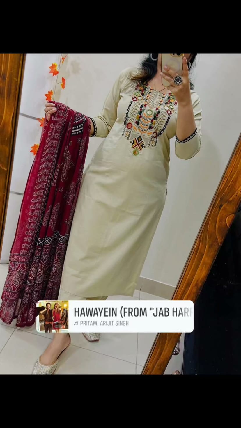 Heavy Embroidery Cotton Kurti Set with Dupatta - Image 1