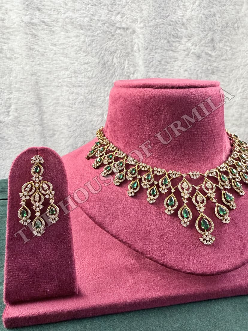 LATIKA — Statement CZ Vine Necklace Set - Emerald tone