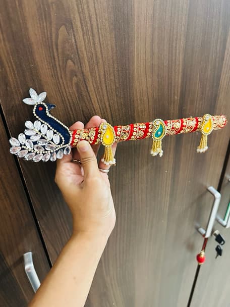 Handcrafted Royal Peacock Design Red Velvet Bansuri for Laddu Gopal & Shyam Baba