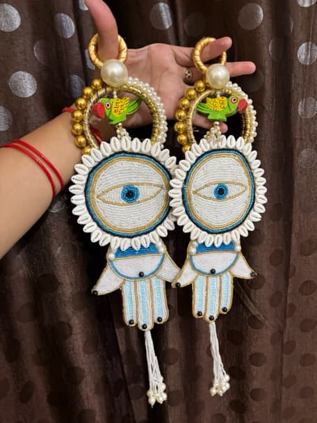 Handcrafted Beaded Evil Eye Hamsa Hand Door Hanging with Wooden Parrot (Pair)