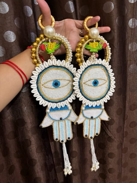 Handcrafted Beaded Evil Eye Hamsa Hand Door Hanging with Wooden Parrot (Pair) - Image 1
