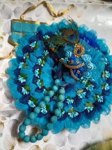 Handcrafted Ocean Blue Floral Net Poshak Set Laddu Gopal with Matching Pagdi & Mala - Image 1