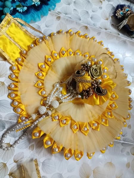 Bright Yellow Pearl & Ribbon Flower Laddu Gopal Poshak Set