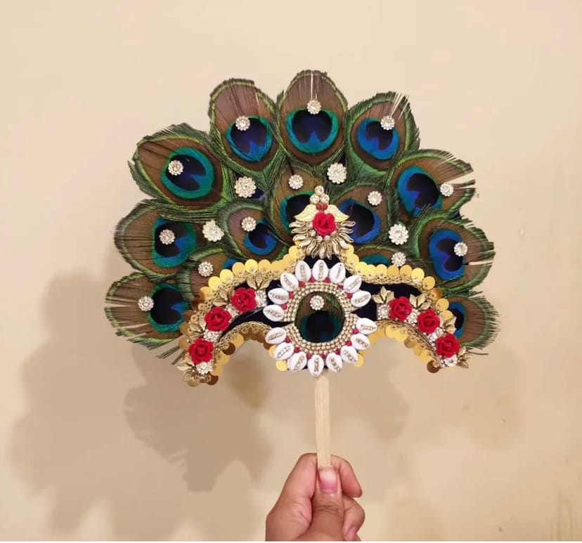 Handcrafted Heavy Peacock Feather Kalangi / Shringar Fan with Cowrie Shells & Red Roses - Image 1
