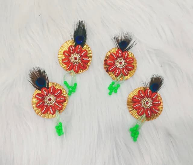 Handcrafted Shyam Baba Devotional Pagdi/Cloth Badge Brooch with Cowrie Shell & Peacock Feather (Pack of 20 Pcs)