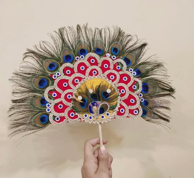 Handcrafted Heavy Designer Shyam Baba Mukut Kalangi with Red Layers, Peacock Motif & Natural Feathers