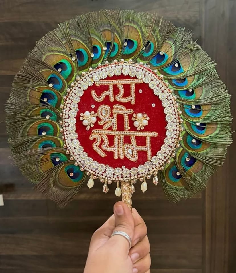 Handcrafted "Jai Shri Shyam" Red Velvet Shyam Baba Mukut Kalangi with Peacock Feathers & Pearl Hangings - Image 1