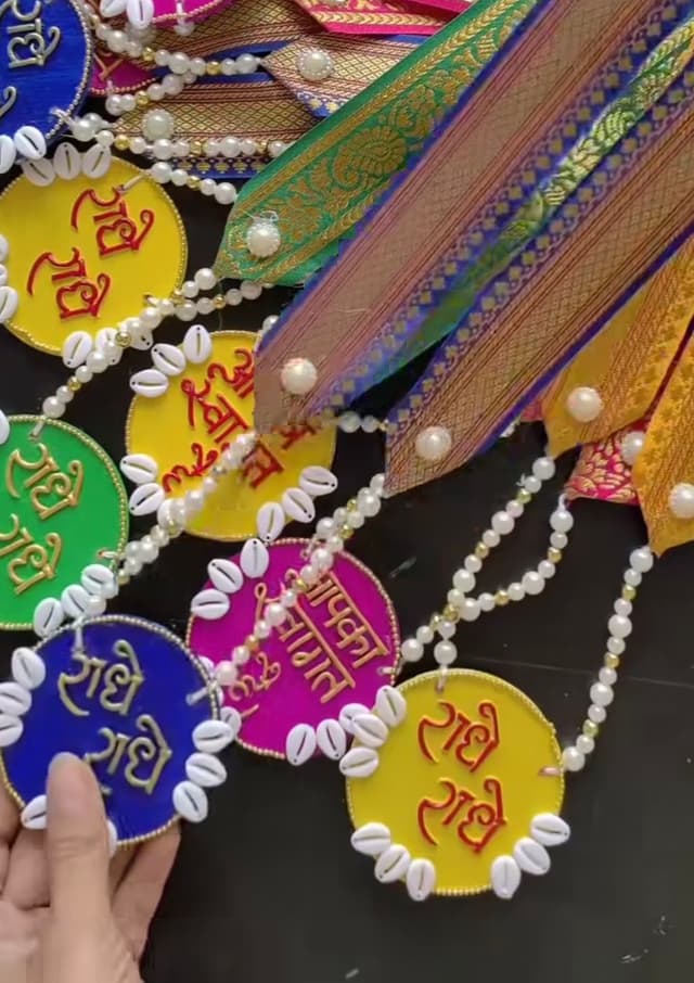 Handcrafted Multi-Color "Radhe Radhe" & "Swagat" Fabric Patka / Welcome Dupatta with Cowrie Shells & Pearl Mala