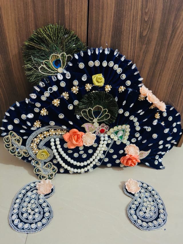 Handcrafted Heavy Designer Blue Velvet Shyam Baba Mukut & Kundal Set with Floral & Peacock Feathers