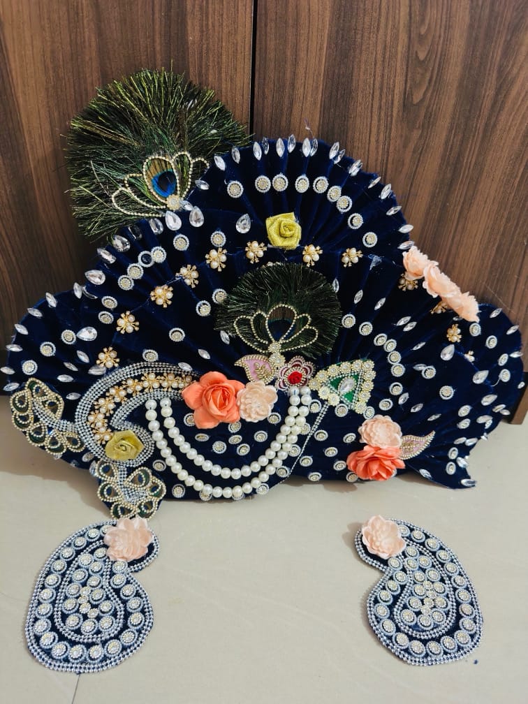 Handcrafted Heavy Designer Blue Velvet Shyam Baba Mukut & Kundal Set with Floral & Peacock Feathers - Image 1