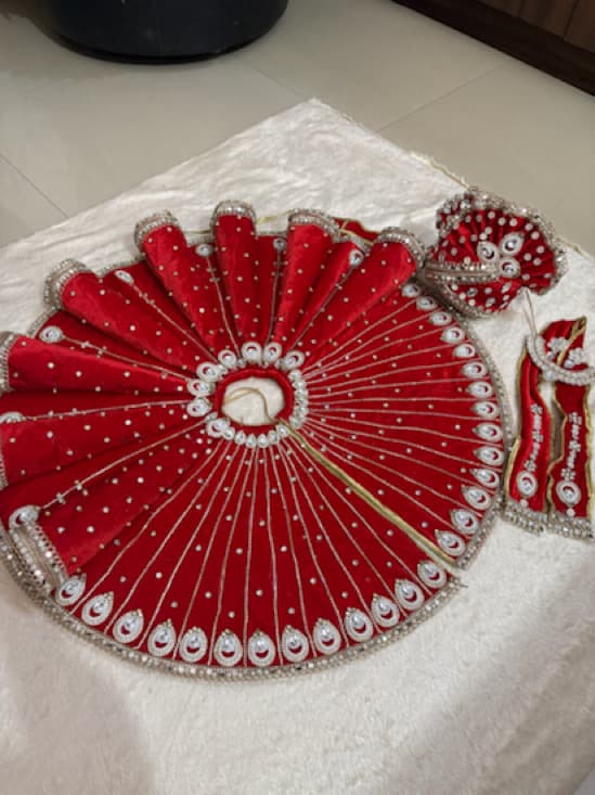 Handcrafted 28-Inch Extra Big Size Red Velvet Deity Poshak Set with Mukut & Matching Set