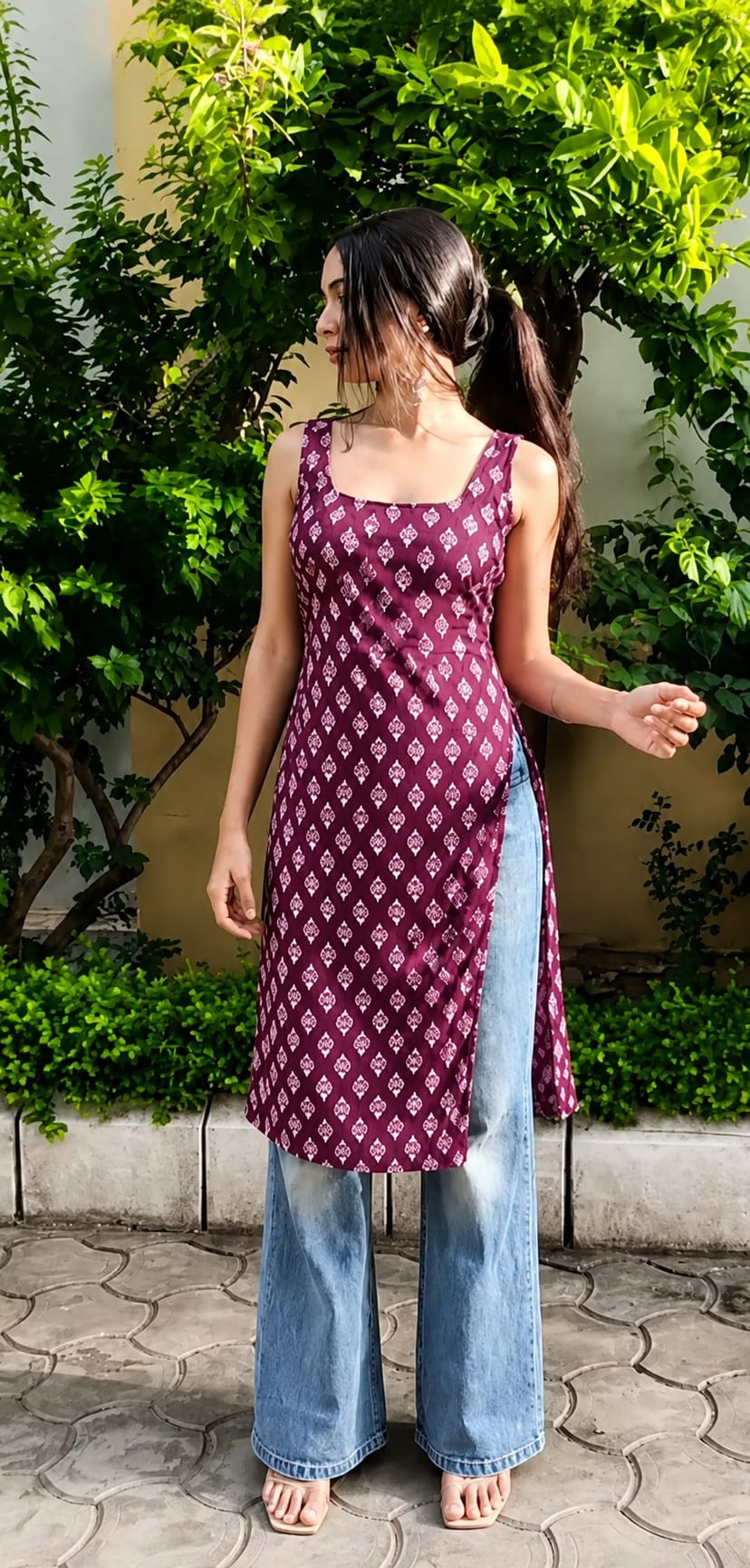 Maroon Long Half-Sleeve Kurti - Image 1