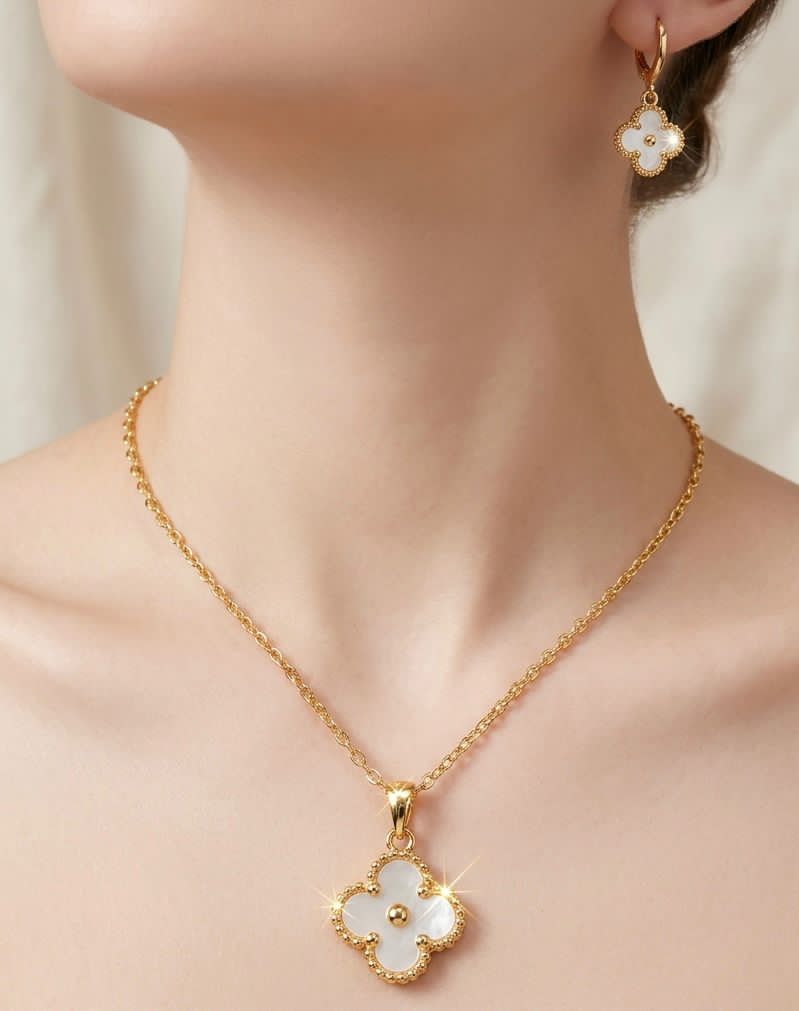 Classic Gold Clover Pendant and Earrings