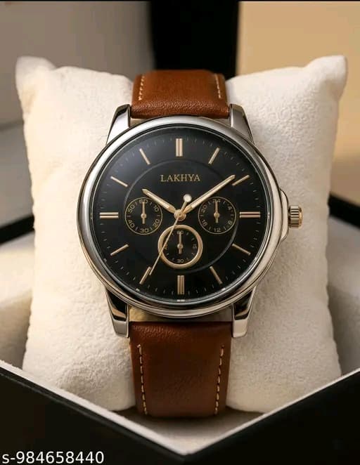 Lakhya Black Dial Analog Watch for Men Genuine Leather Strap Stainless Steel Back...