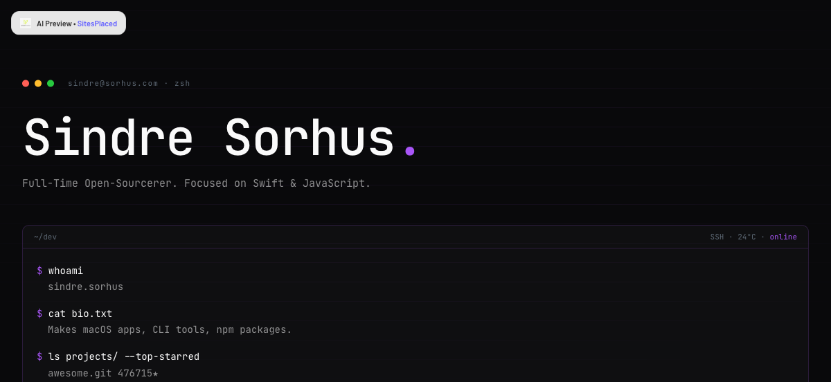 A developer portfolio auto-generated by SitesPlaced from the GitHub profile @sindresorhus