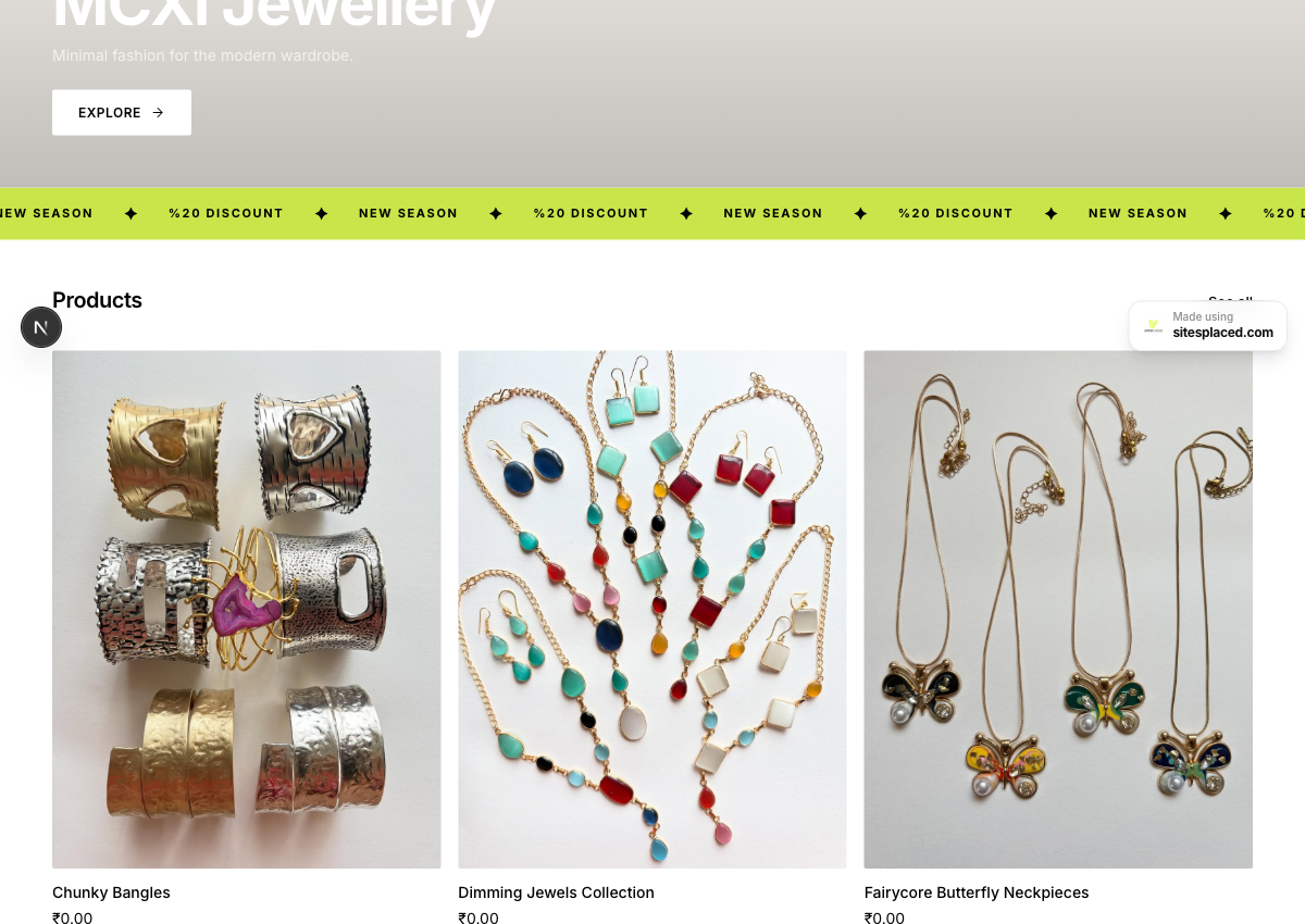 A jewellery store auto-generated by SitesPlaced from the Instagram profile @mcxi.in
