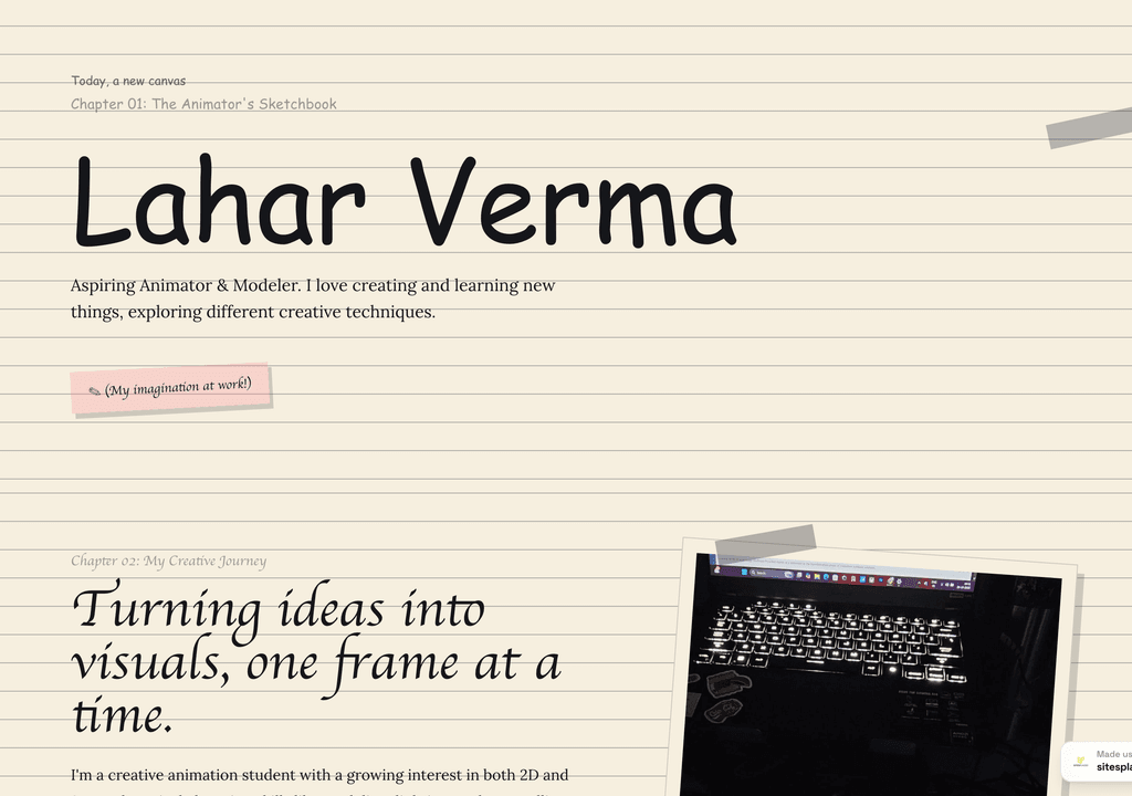 Lahar Verma — a real animation student built and published on SitesPlaced