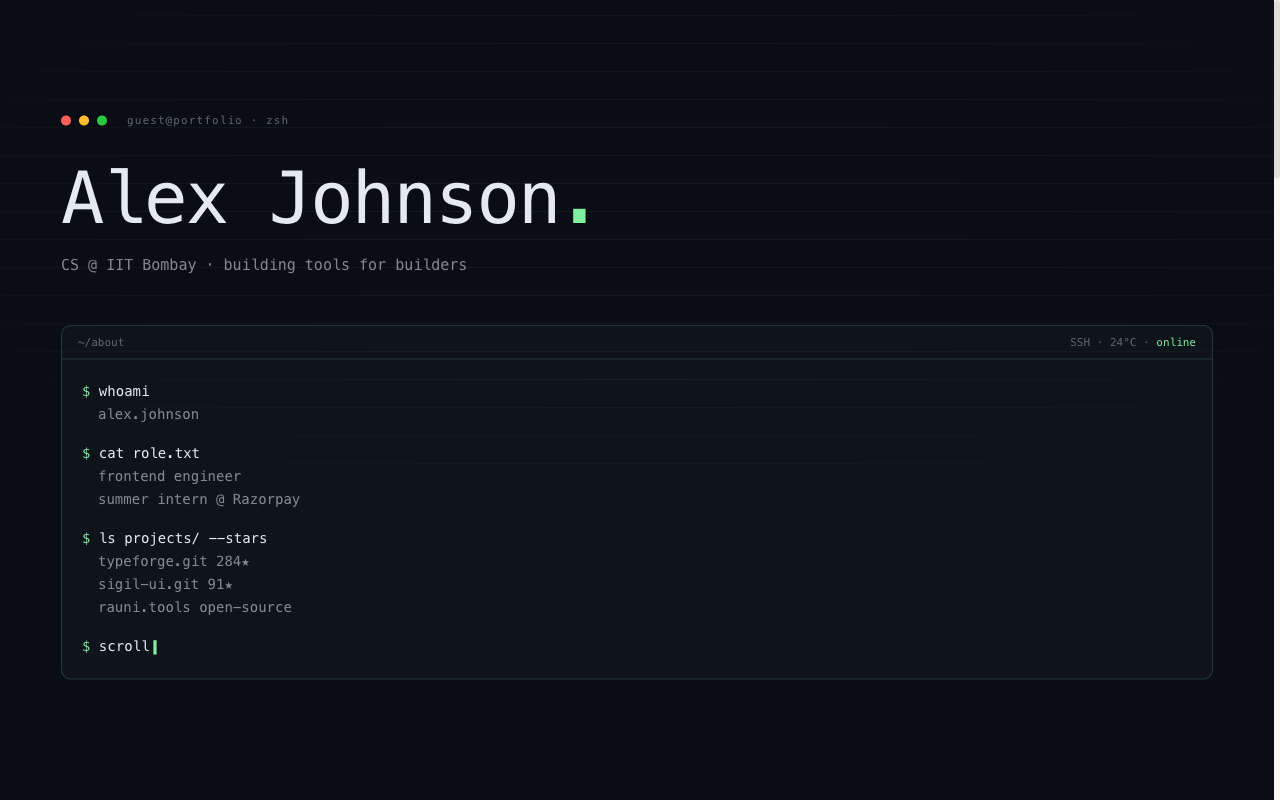 Terminal Portfolio template preview on SitesPlaced